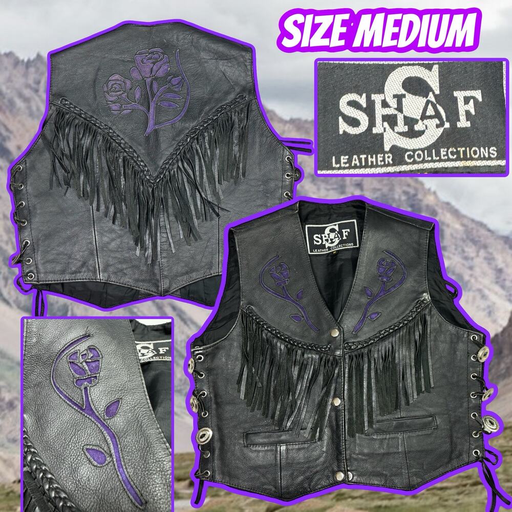 SHAF Leather Collections Motorcycle Vest Size Medium Purple Rose Inlays